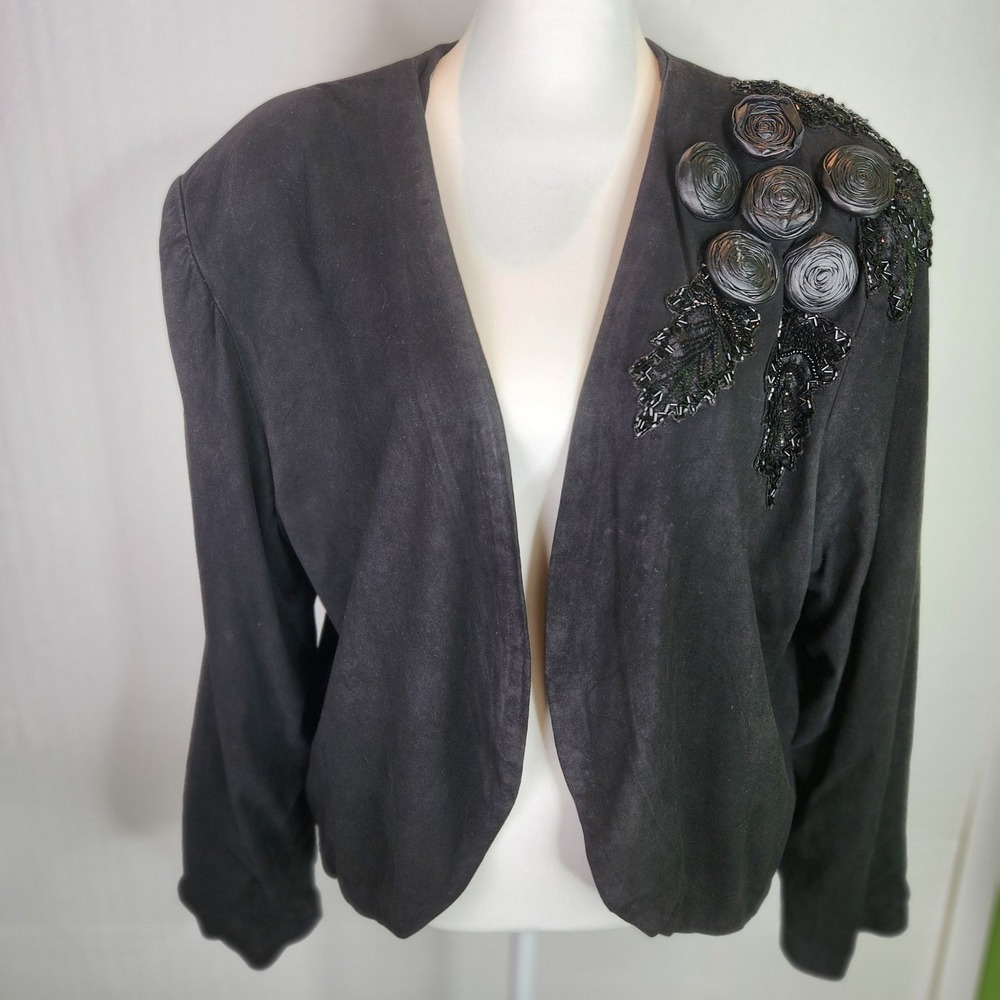 Judith Ann Creations‎ Vintage 80s Black Leather Bolero 2X Coiled Roses